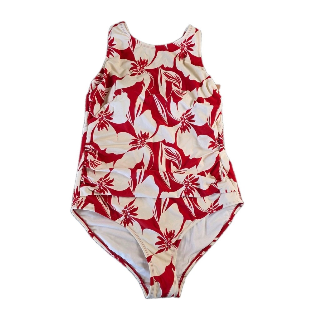 Women's Red & White Tropical Floral One-Piece Swimsuit Size 18W NEW (326)